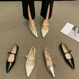 Chaussures ballerines pointues argentées, blanches ou noires tendance mode en cuir artificiel à semelle plate