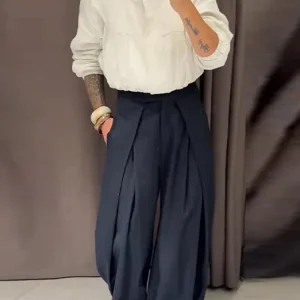 Pantalon ample décontracté à rayures pour femme, taille haute, plissé, droit, long, jambes larges, mode automne-hiver