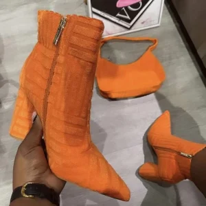 Bottines Orange à bout pointu pour femme, chaussures chevilles à talons hauts et fermeture éclair sur l'intérieur, mode automne hiver