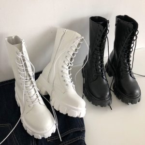 Bottines Femmes à lacets et zip - mi-mollet automne hiver noire ou blanches