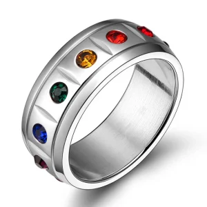 Bague en acier et pierres de couleurs arc en ciel